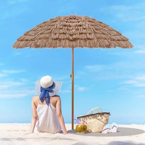 Sonnenschirm Strand Strohgedeckter Terrassenschirm, UV-Schutz, hawaiianischer Stroh-Strandschirm für den Außenbereich, mit Neigung, tropischer Palapa-Strandschirm aus Bast, wasserdichter Tischschirm