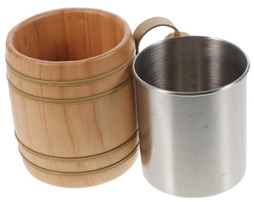 Garneck Japanese Style Wooden Cup Stainless Steel Liner Cup for Hot Tea Cold Water Home Restaurant