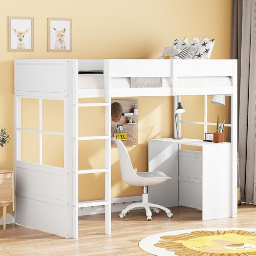 WIZBED Hochbett 90x200cm mit Tisch and Leiter, Kinderbett mit hohes Zaundesign, Einzelbett, Funktionsbett Spielbett, Ohne Matratze