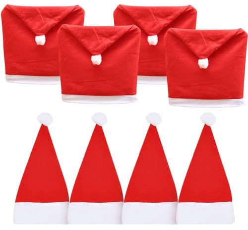 Christmas Chair Back Covers, Santa Hat Chair Covers, Mini Santa Hats, Silverware Cutlery Holder, Wine Bottle Cap Decoration, for Dining Room, Kitchen, Party Decoration, Festive Accessories(Set of 8)