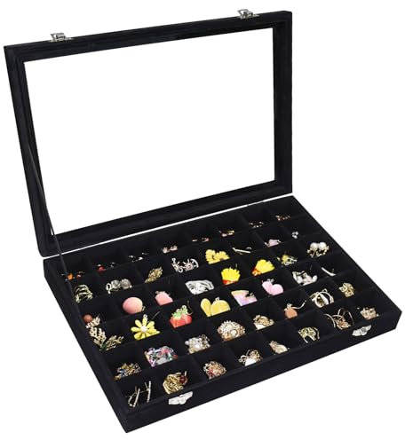 Vicoter Bandeja de joyería de terciopelo con 48 compartimentos, organizador de joyas con cubierta transparente, anillos, aretes, collares, colgantes, caja de almacenamiento para niñas, esposas,