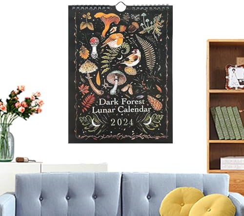 Nevalerra Calendrier 2024 de la forêt sombre – Calendrier mural coloré à suspendre | Art mensuel du calendrier artistique forestier sombre 2024 avec 12 illustrations originales