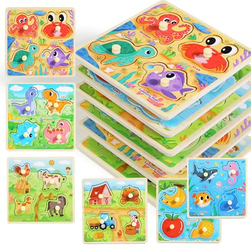 Wooden Toddler Puzzles, Montessori Toys Peg Puzzles for Toddlers 3-5, Toddler Learning Educational Toys kids puzzles -Dinosaur, Farm, Farm Animals, Sea Animals, Fruit, Baby Puzzle Gift for Boys Girls