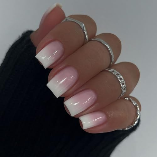 Ceboic 24 Stück Press on Nails Mittel Eckig, Französisch Nägel zum Aufkleben Rosa Weiß Farbverlauf Kunstnägel Künstliche Nägel, Selbstklebende Acryl Fingernägel Fake Nails für Frauen Mädchen Maniküre
