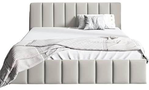 Sofello Polsterbett NINA mit Holzlattenrost 120 140 160 180 200 cm aus Samt Samtdoppelbett für Erwachsene und Jugendliche (Riviera 21 - beige, 180x200)
