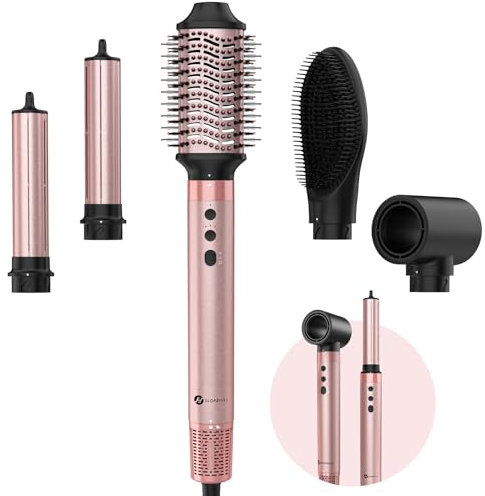 slopehill Airstyler 5 IN 1, Ionen Föhn mit110000 U/Min Motor, Multifunktionaler Hairstyler, Lockenstab Automatisch, Warmluftbürste,Glätteisen, für Styling, Volumisieren, Locken und Glätte（Pink）