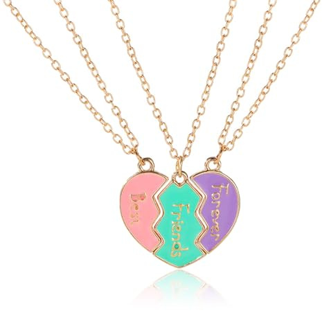 Azushwer Friendship Necklace for 3 Girls, Heart Openwork Sticking Best Friend Necklace Pendant for Women Friendship Jewellery Gift, Multicoloured, Best Friend Forever Gift (A)