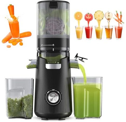 Exprimidor de prensa en frío fácil de limpiar con canal de alimentación de 5.3 pulgadas de ancho, capacidad de 1.8 L, capacidad de 2 tazas de verduras, exprimidor de diseño centrífugo eficiente