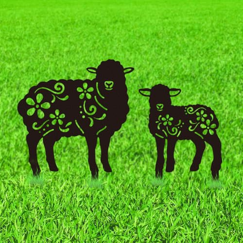 WADORN 2 Stile Schaf Metall Dekorative Gartenstecker, Lustige Schaf Blumen Silhouette Statuen Aus Metall Tier Gartendekoration Geschenke Schwarze Hof Kunst Dekor Für Hinterhof Terrasse Rasen