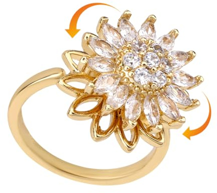 Mikovivi Gold Rotatable Sunflower Ring, Adjustable Spinner Fidget Ring with Cubic Zirconia Gold Copper Flower Jewelry for Women and Men