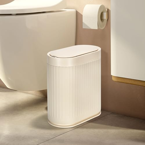 ELPHECO Bote de basura para baño con tapa, cubo de basura inteligente delgado de 2 galones, color beige