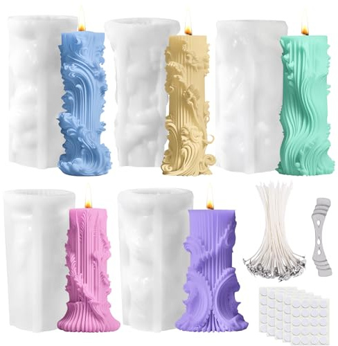 Set di 5 stampi cilindrici in silicone per candele, con 50 stoppini di candela, per cera d'api, aromaterapia