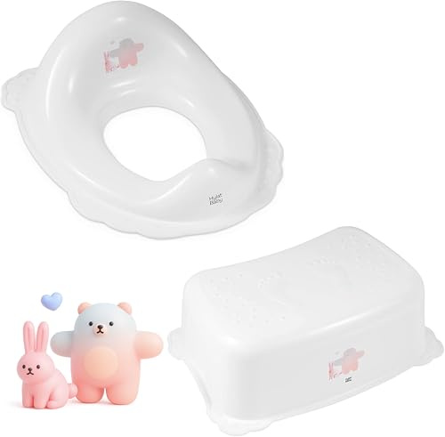 Hylat Baby Kinderhocker & Kindertoilettensitz Set - Rutschfester Tritthocker + Toilettenaufsatz für Kleinkinder - BPA-frei, Ergonomisch, Für Töpfchentraining & Bad - Weiß mit Friends-Motiv