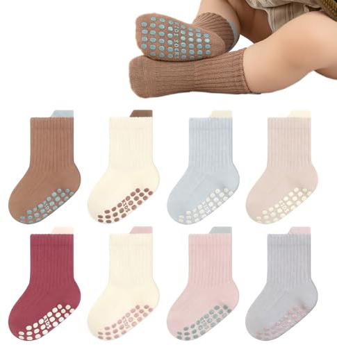 YANWANG 8 Paires de Chaussettes Bambin Antidérapantes à Pinces Chaussettes Crew pour Bébé Garçons et Filles(Brown+Pink,M:1-3Y)