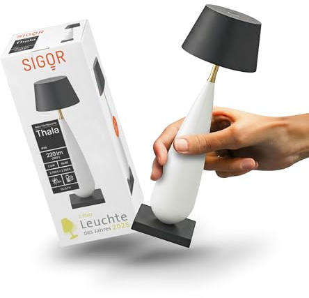 SIGOR Thala - Dimmbare LED Akku-Tischlampe Indoor & Outdoor, Leuchte des Jahres 2025 2. Platz, IP65 spritzwassergeschützt, Höhe 23,7 cm, aufladbar per Ladestation, 7 h Leuchtdauer, keramikweiß/schwarz