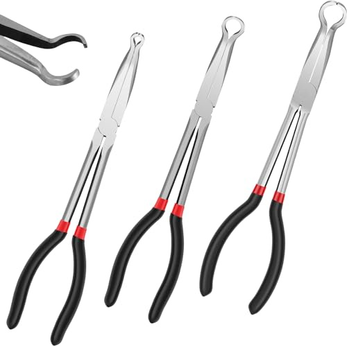 3Pcs 11 Long Reach Hose Gripper Pliers, Carbon Steel Spark Plug Removal Pliers, Automotive Electrical Disconnect Plier, 6mm 13mm 18mm Diameter Radiator Hose Grip Clamp Plier for Narrow Space Car