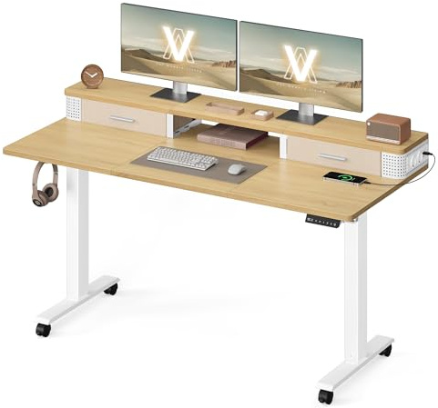 VASAGLE Bureau Électrique Réglable en Hauteur, Table Assis-Debout, 140 x 60 x (72-120) cm, Réglable en Continu, Support Écran, Multiprise, Crochet, Fonction Mémoire, Couleur Chêne Naturel LSD184YD01