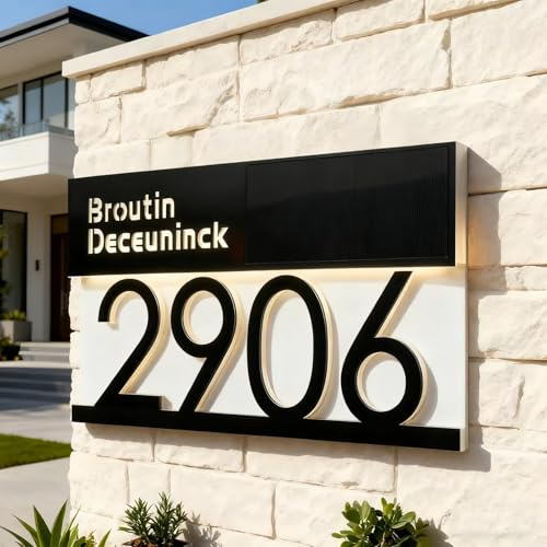 Individuell Gestaltbares Solar-Hausnummernschild, Adressschild Für Den Außenbereich Mit Text/Name, Personalisierte Wasserfeste Beleuchtete Hausnummern, 11 X 6,3 Zoll