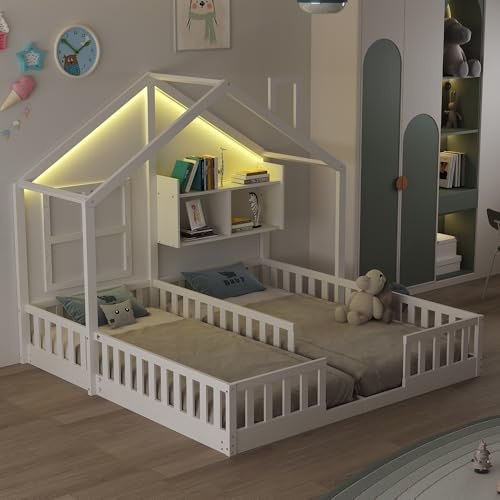 Kinderbett Bodenbett 180x200, Hausbett mit Rausfallschutz&Lattenrost, Montessori Bett mit Ablageflächen&LED-Beleuchtung, Freistehendes Doppelbett Gitterbett Bettgestell Spielbett, Ohne Matratze, Weiß
