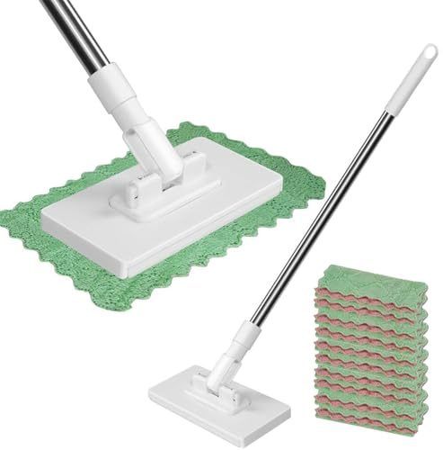 Mocio In Microfibra con Sistema di Bloccaggio a Pressione, con 10 Ricambio Panno, con Cambio Automatico, Mop Rotante a 360° con Manico in Acciaio Inox per Pulire Pavimenti Armadi