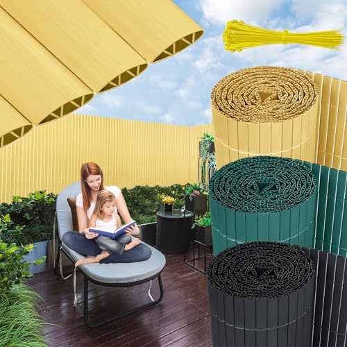 UISEBRT Valla de protección visual de PVC, 90 x 300 cm, doble refuerzo, protección visual para balcón, superficie estructurada en W, bridas, protección contra el viento de bambú para jardín, balcón y