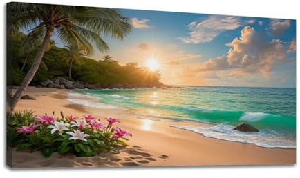 24x 48 Canvas Wall Art Tropical Beach Sunset Palm Trees Pink Lilies Framed Pictures Painting Prints Large Wall Art for Living Room Bedroom Abstract Home Wall Decor Artwork