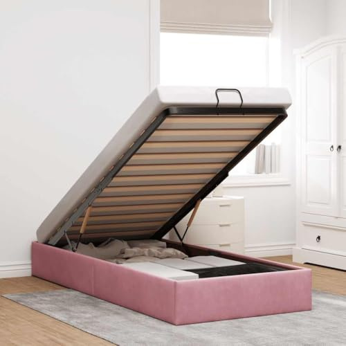 RCODSSK Letto pouf in velluto senza materasso con meccanismo di sollevamento idraulico, struttura del letto con vano portaoggetti come letto ottomano, 90 x 190 cm, colore rosa