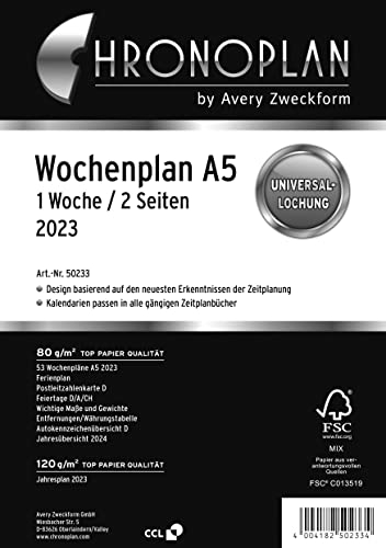 Chronoplan 50573 Kalendereinlage 2023, Wochenplan im A5 Format (148x210 mm), Tage in Zeilen, Ersatzkalendarium, ideal für detaillierte Wochenplanung, Universallochung (1 Woche auf 2 Seiten), weiß