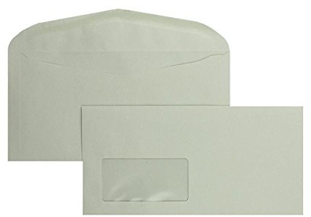 1000 Stück, Farbige Kuvertierhüllen, DIN C6/5, Nassklebung, Geschwungene Klappe, 75 g/qm Recycling, Mit Fenster, Grau, Blanke Briefhüllen