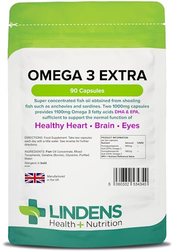 Lindens Huile de poisson oméga 3 Extra 1 000 mg en gélules | 90 Lot | 1 100 mg d’acide gras oméga 3 DHA & EPA pour 2 capsules. Contribue au bon fonctionnement du cœur, du cerveau et d’yeux en bonne santé