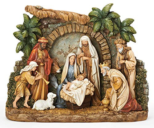 Joseph's Studio by Roman - Nativity Figure with Facade, Christmas Scene with Holy Family, Three Kings, Shepherd and Barn Animals, 10.25 H, Resin and Stone, Decorative