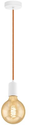 EGLO Pendelleuchte Yorth, 1 flammige Schnurpendel Hängelampe Vintage, Industrial, Hängeleuchte aus Stahl in Weiß, Kabel in Orange, Esstischlampe, Wohnzimmerlampe hängend mit E27 Fassung