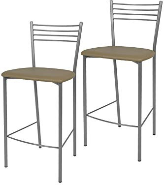 Tommychairs - Set 2 tabourets ELENA pour cuisine, bar et salle à manger, robuste structure en acier peindré en couleur aluminium et assise rembourrée et revêtue en cuir artificiel couleur cappuccino