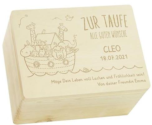 LAUBLUST Erinnerungsbox Taufe - Arche Noah - Personalisiertes Taufgeschenk - Holzkiste ca. 40 x 30 x 24 cm, Natur, FSC®