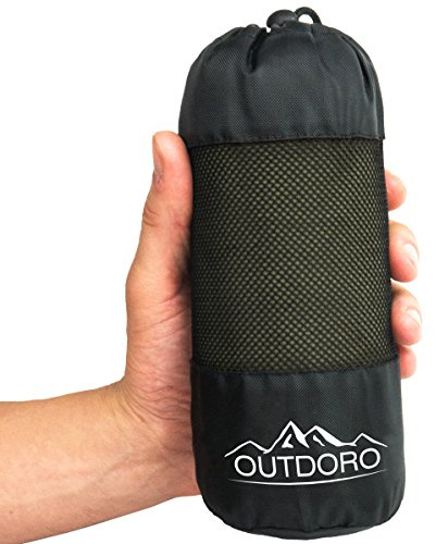 Outdoro - Sac de couchage de refuge - Ultra léger - Seulement 350 g - En microfibre - Avec compartiment pour coussin - Coutil et drap de voyage intégrés - Fin et petit, vert