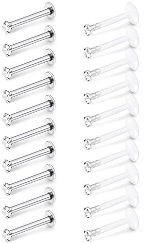 AceFun Lippenpiercing Stab Labret Stud Nasen Ring Tragus Helix Piercings Edelstahl Kunststoff 10mm 20 stücke 16 Gauge 16G-20Stk-10mm-klar CZ