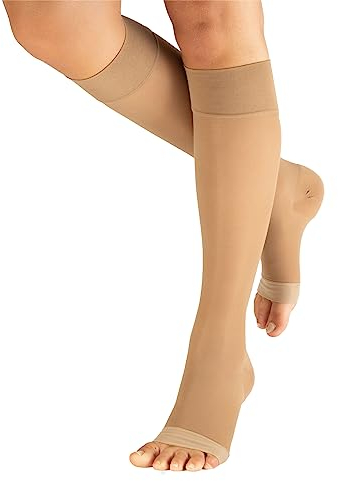 CALZITALY PACK 1/2 Medias de compresión con la Punta Abierta, Medias de Descanso hasta la Rodilla | 18-22 mm/Hg | 140 DEN | Made in Italy (Natural, S/M)