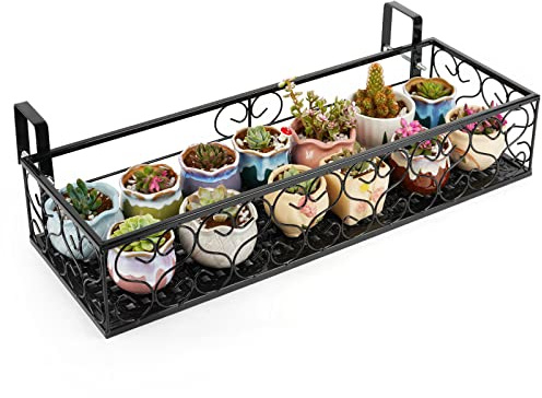 Fitlyiee Balcony Flower Pot Stand Rack Patio Railing Shelf Plant Pots Holder Windows Decorate (L, Black)