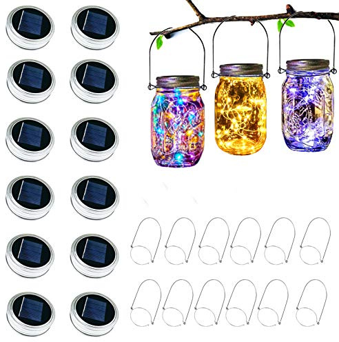 Upgraded Solar Mason Jar Lighs Warm White 12 Pack of 30 LED String Firefly Mason Jar lid Lights, Including 12 Hangers (Excluding Jars), Best for, Terrace Garden Decoration
