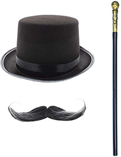 Zac's Alter Ego Fancy Dress Victorian Top Hat, Moustache & 70s Pimp Stick/Staff/Cane - World Book Week/Day