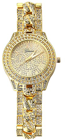 Halukakah Vergoldete Uhr Iced Out,Herren 18 Karat Echt Vergoldet Kubanische Kette Eingelegtes Band Quarz Armband 9.5, Volle Cz Labordiamants Zinken-Set,KOSTENLOSE Geschenkbox