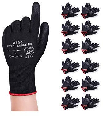 Donfri 12 Paar Arbeitshandschuhe Gartenhandschuhe Schutzhandschuhe werkstatt handschuhe Mit PU beschichtet fr Garten und Montagehandschuhe multifunktional (9/L)