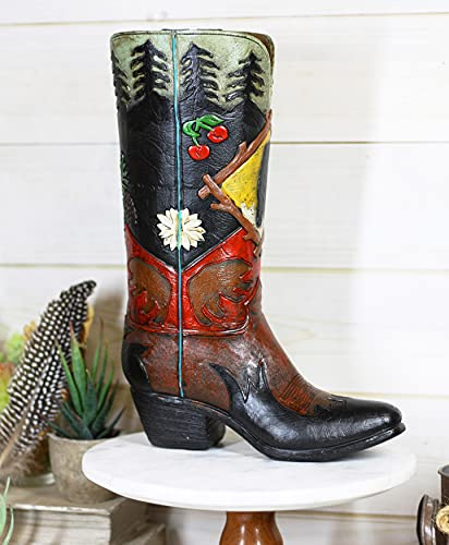 Ebros Rustic Southwestern Black Bear Country with Pine Trees and Cherries Forest Cowboy Cowgirl Boot Decorative Figurine Or Floral Vase Planter Tooled Leather Finish Table Shelf Countertop Accent