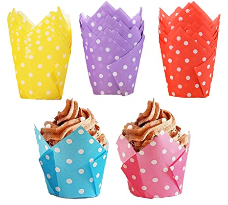 Pirottini Muffin Carta,Binblin 200 PCS Tulip Pirottini Di Carta Per Adatti Per Cupcake e Muffin Matrimoni Feste Di Compleanno(5 Colori)