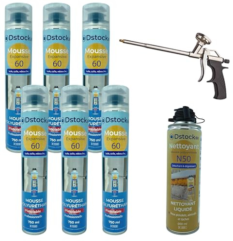 DSTOCK60 - Lot de 6 mousses expansives pistolables 750 ml + 1 Nettoyant Mousse + 1 pistolet - Mousse polyuréthane professionnelle - Isole, colle et rebouche - Extérieur et intérieur