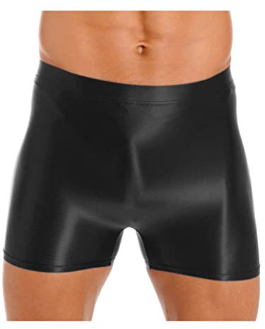 TiaoBug Herren Öl Glanz Boxershorts Retroshorts Kurze Hose Sport Leggings Tights Laufhose Fitnesshose Trainingsshorts Hot Pants Knielang Kompressonshose Schwarz B L