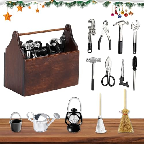 TUIBEIDAMAI Miniatur Wichtel Zubehör Werkzeugkasten,14 Stück Wichtel Werkzeug Set,Mini Werkzeugkasten Wichtel,Wichtelzubehöhr Werkzeug,Wichtel Zubehör Set,Puppenhaus Zubehör Weihnachten