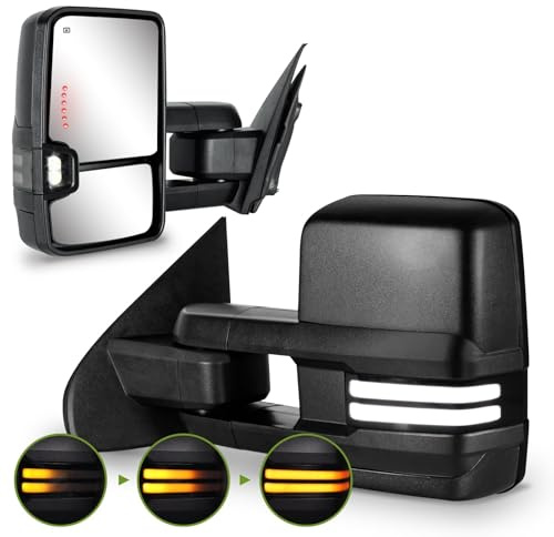 SIZIOM Towing Mirrors for Chevy Silverado/GMC Sierra 1500 (2014-2018), 2500HD/3500HD (2015-2019) Switchback Dynamic Turn Signal/Running Lights Power Heated (Textured Black)