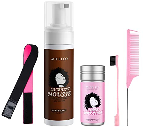 5 Stück Perückenwerkzeug-Set, Frauen Lace Tint Melting Hair Mousse Foam 6.8oz, Mocha Dark Brown Toupees Spray Glue, 2.7oz Styling Pomade Gel Wax Stick, Elastic Wig Band, Edge Control Brush, Comb, Pink