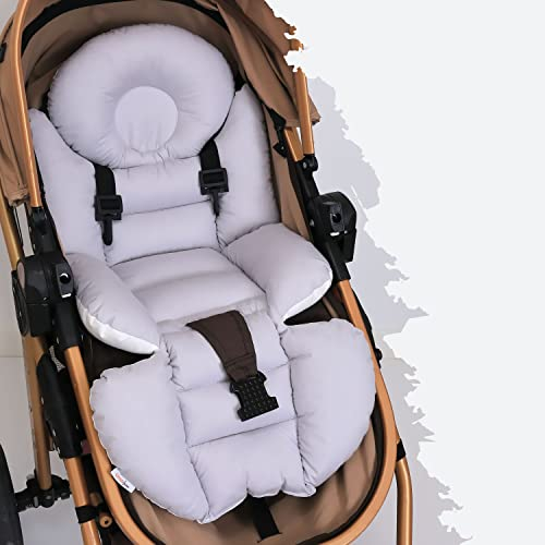 Andija Orthopädisches Kinderwagenkissen mit Lordosenstütze, Baumwollstoff Sitzauflage 35x80cm (Gray-Cream)